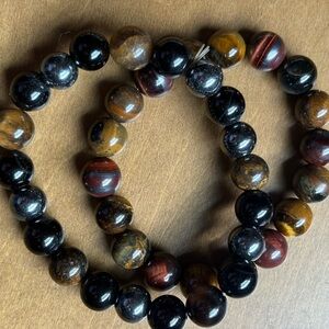 Polished Tiger Eye and Black Onyx Stretch Bracelet - Unbranded